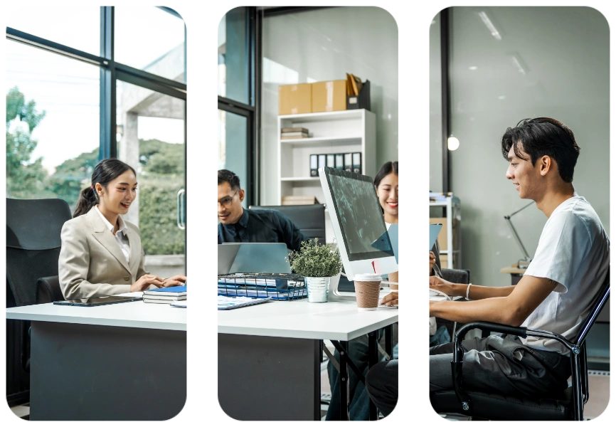 Book a call hero - colleagues meet at a desk, discussing business financial terms, investment strategies