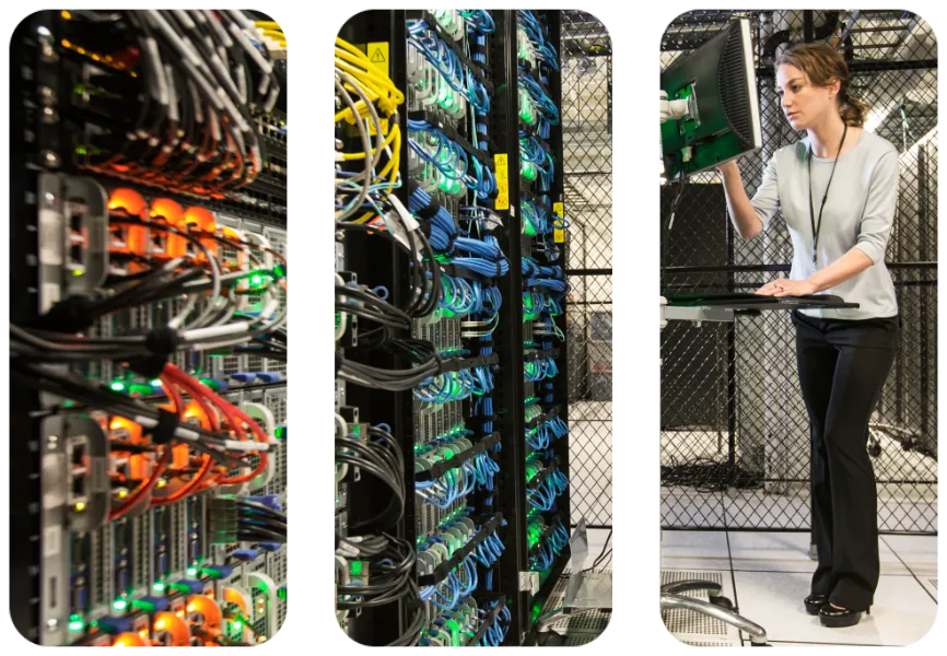 Data Backup & Recovery hero - technician doing diagnostic tests on computer servers in a server farm.