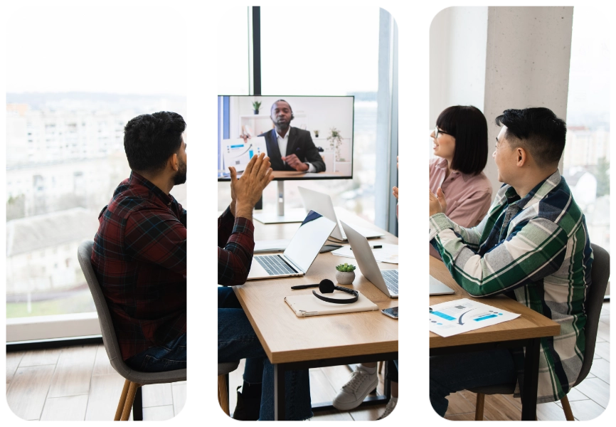 IT Consulting hero - Team video conference meeting with applause in modern office