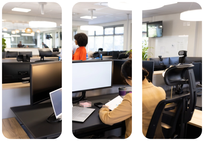 Service hero - sitting at desk and working on computer with copy space in office