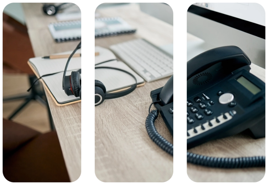 Telemarketing office, phone and VOIP on desk for communication, contact us and consulting by computer