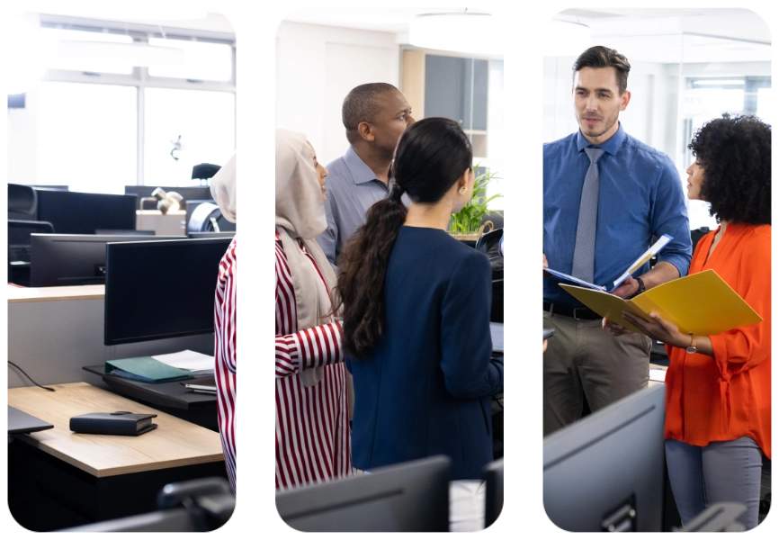 female and male businesspeople talking and working in office
